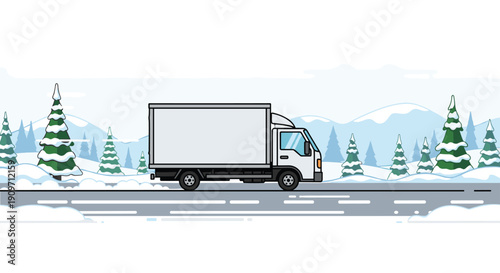 White delivery truck driving on a snow-covered road with wintry pine trees and distant mountains.