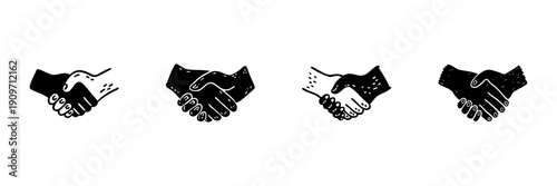 Handshake Icons In Hand Drawn Style Set. Business Agreement, Partnership, Collaboration Doodle Sketch Collection. Trust And Cooperation Symbols. Isolated Vector Illustration