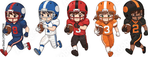 Flat vector cartoon illustration set of five young children in colorful American football uniforms and helmets running while carrying brown leather footballs.