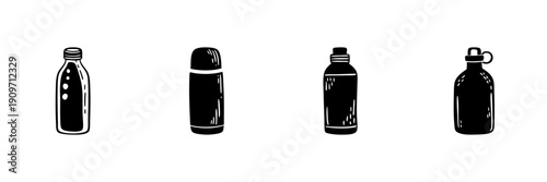 Water Bottles And Thermos In Hand Drawn Style Set. Hydration, Travel, And Outdoor Activity Doodle Sketch Collection. Eco-Friendly And Reusable Containers. Isolated Vector Illustration