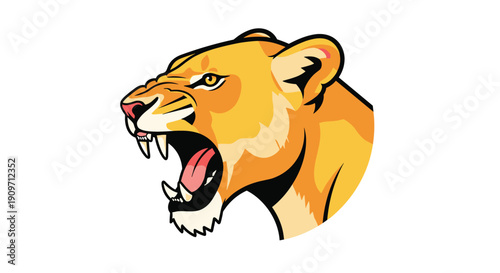 A close-up side profile of a roaring lioness head is illustrated with an open mouth and exposed fangs.
