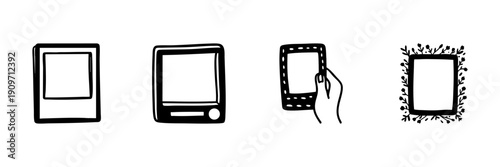 Polaroid Photo Frames In Hand Drawn Style Set. Vintage Photography, Instant Camera, Memory Capture Doodle Sketch Collection. Decorative Borders. Isolated Vector Illustration