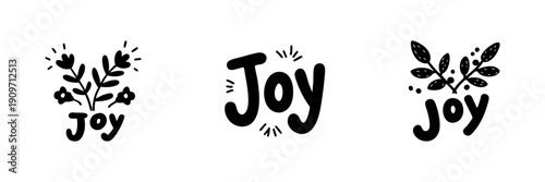 Joyful Typography With Floral Elements In Hand Drawn Style Set. Happiness And Positivity Doodle Sketch Collection. Decorative Lettering Design. Isolated Vector Illustration