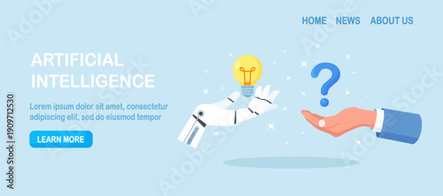 Human hand holding question mark, robot hand holds glowing light bulb. AI providing solutions, answers. Using artificial intelligence to generate ideas to help solve problems. Creative brainstorming