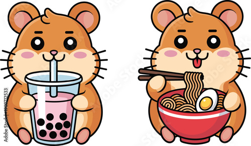 Cute cartoon hamster drinking bubble tea and eating ramen illustration, adorable kawaii animal vector clipart isolated on white background
