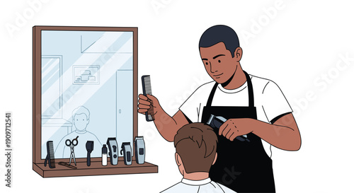 An African American barber cuts a man's hair with clippers and comb in front of a barbershop mirror.