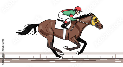 A jockey in red and green uniform rides a brown racehorse with blinders along a race track.