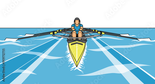 A single person rows a yellow scull boat on blue water, seen from a dynamic front view.