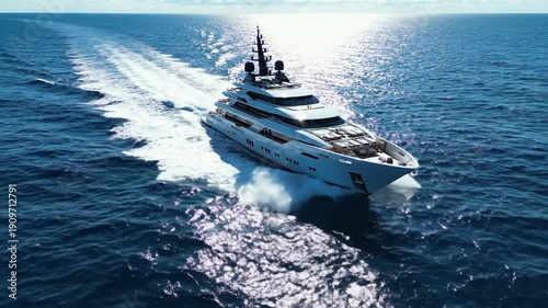 A luxury yacht speeds across ocean waves, trailing a frothy wake under a bright sun