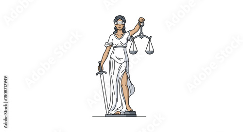 A blindfolded Lady Justice statue stands, holding a balance scale and a sword, representing impartiality, law, and fairness.