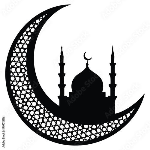 A stylized, graphic illustration in a flat, vector art style depicts a prominent crescent moon silhouetted against a clean white background