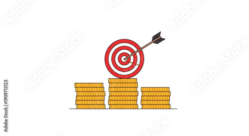 An arrow hits the bullseye of a red target placed on the central stack among three distinct piles of gold coins.