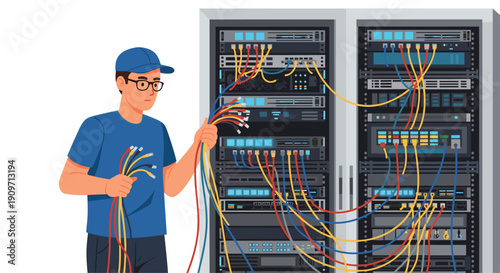 A male IT technician holds a large tangle of colorful network cables in front of open server racks.