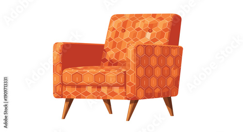 A vibrant orange modern armchair is upholstered with a distinct honeycomb geometric pattern on its entire surface.