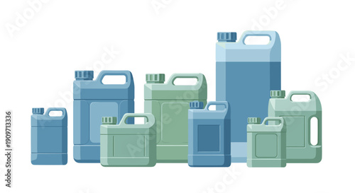 A group of assorted blue and green plastic jerrycans or canisters of different sizes are arranged together.