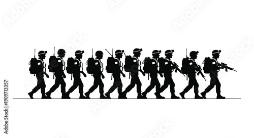 A single file line of heavily equipped soldiers wearing helmets and carrying rifles are marching in silhouette.