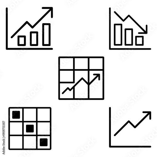 Data Analytics and Business Performance Graph Vector Icon Set for E-Learning Dashboards
Professional vector icon set featuring growth charts, declining graphs, and data dashboard elements.