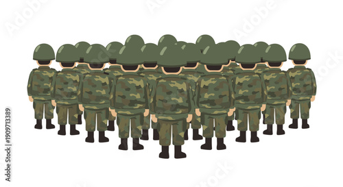 A large group of soldiers in green camouflage uniforms and helmets standing in a tight formation viewed from behind.