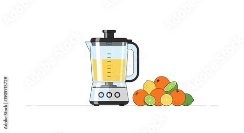 A kitchen blender filled with freshly squeezed citrus juice sits next to a pile of whole and cut oranges, lemons, and limes.