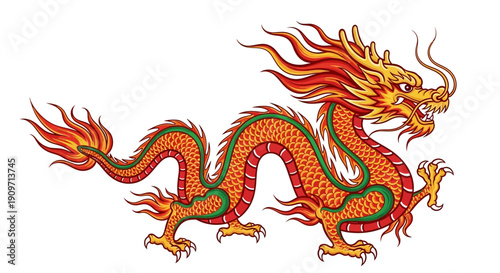 Vibrant Chinese dragon with fiery mane and scales