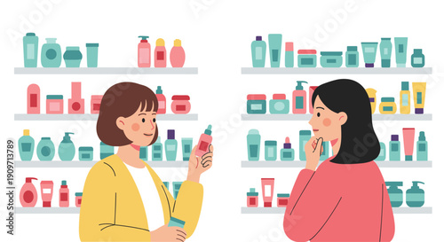 Two women stand in a brightly lit cosmetics store, examining various beauty products on shelves, with one holding a pink bottle.
