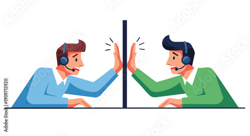 High-Five Success: Customer Service Agents Celebrating Teamwork and Achievement in Call Center Operations