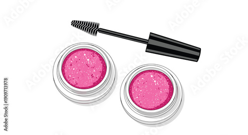 A black mascara wand with a brush is placed next to two open pots of sparkling pink glitter eyeshadow on a white background.