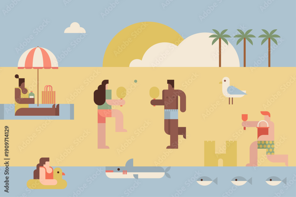 Fototapeta premium Summer beach scene with people playing and relaxing by the sea
