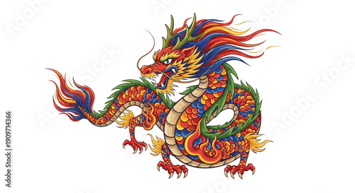 Vibrant dragon with colorful scales and flowing mane on white background