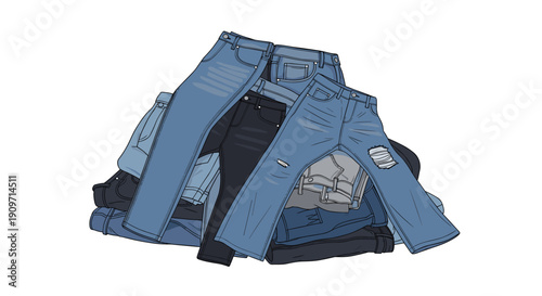 A large, disorganized pile of various blue and black denim jeans casually stacked together on a plain white studio background.