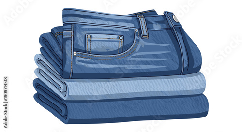 A neat, organized stack of three pairs of freshly folded blue denim jeans, with one visible on top, against a white background.