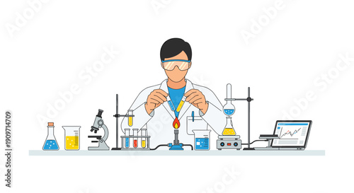 A scientist wearing safety goggles heats a test tube over a Bunsen burner, conducting an experiment in a well-equipped laboratory.