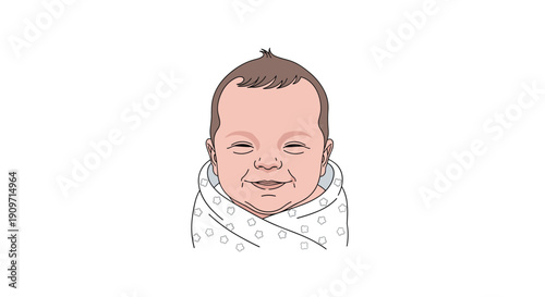 A happy newborn baby with brown hair smiles, wrapped snugly in a white blanket adorned with star patterns.