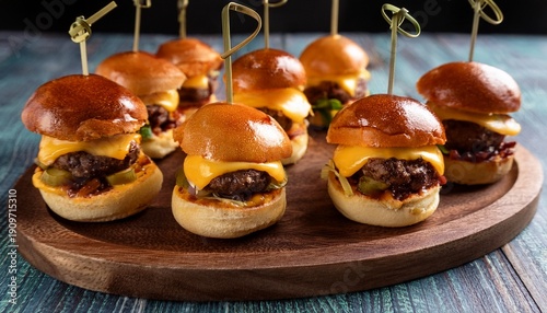 photo of a tempting platter of sliders featuring mini beef burgers topped with cheddar cheese caramelized onions