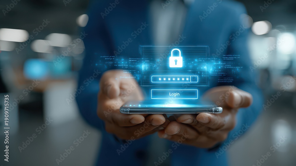 Fototapeta premium Businessman holding smartphone with digital holographic login screen and padlock icon for cybersecurity and data protection concepts
