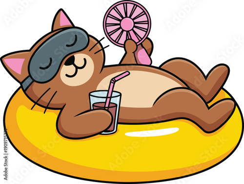 Cute cartoon cat relaxing on yellow pool float, wearing sleep mask, holding drink, summer vacation illustration isolated with handheld fan