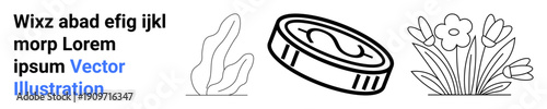 Financial planning, eco-friendly , natural growth, savings, investment, minimal design. A coin, a leaf and flowers in simple line art. Financial planning and eco-friendly themes concept