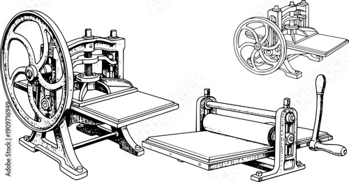 Black and white ink wash drawing vintage printmaking presses set various angles detailed illustration
