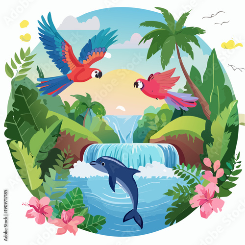 Exotic Tropical Paradise with Dolphins and Macaws Flying Over a Waterfall