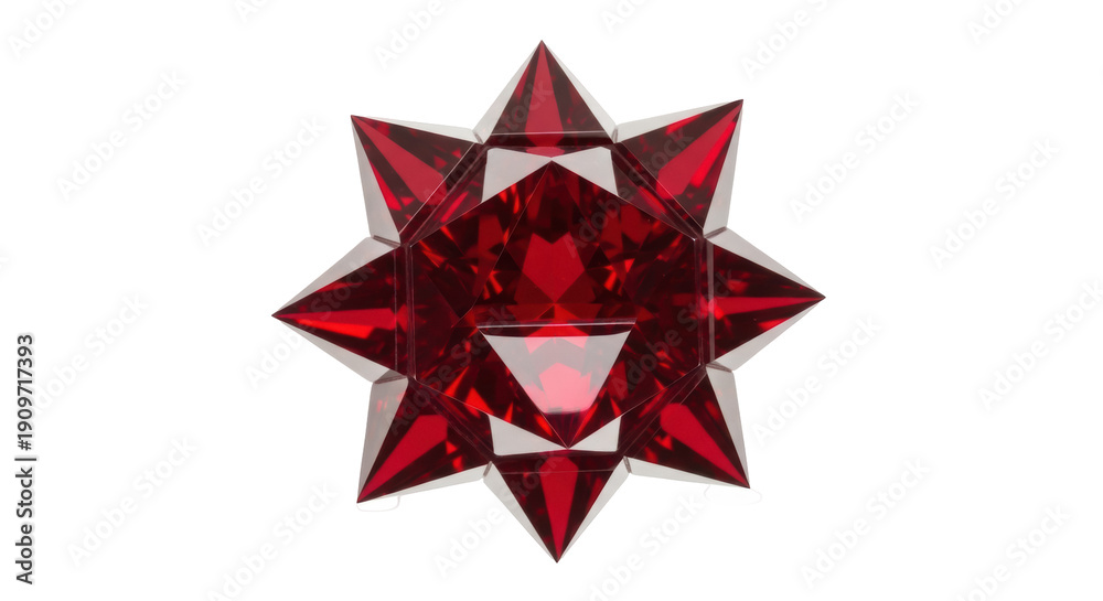 Obraz premium Ruby red star isolated PNG on transparent background, geometric crystal shape for festive decoration and graphic design projects