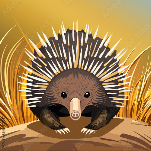 Illustration of a spiny anteater standing in dry grass
