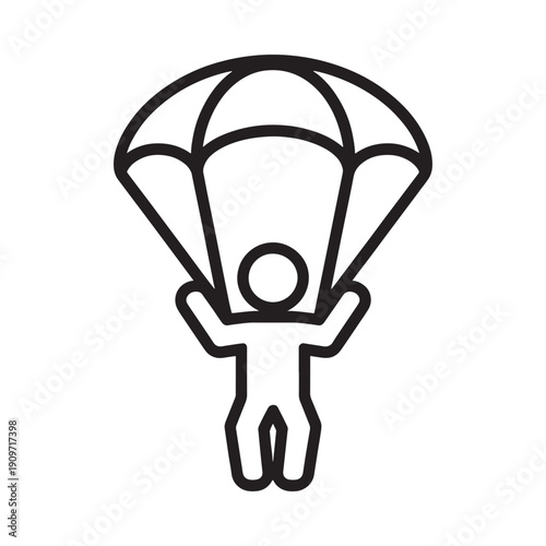 Simple line drawing of a skydiver descending with a parachute