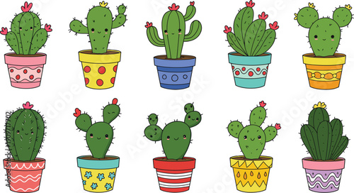 Colorful illustration of various cacti in decorative pots on white background