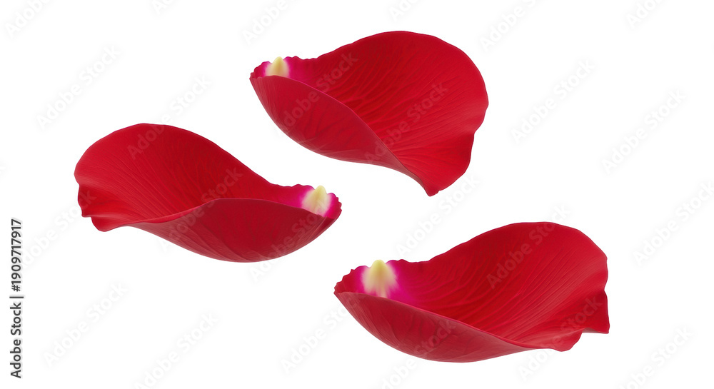 Fototapeta premium Three red rose petals isolated PNG on transparent background, romantic floral elements for Valentine s Day and wedding designs