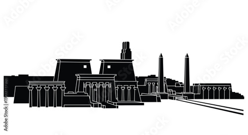 Egyptian temple complex silhouette with obelisks and columns against white background
