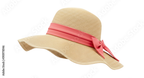 Quadro su tela Elegant straw sun hat with pink ribbon isolated PNG, summer fashion accessory fo