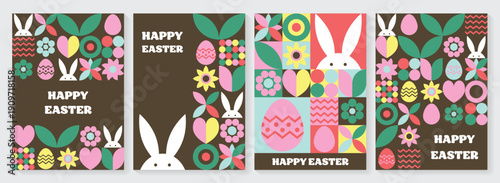 Set of geometric Easter greeting card. Abstract background with bunny, egg and flower. Vector illustration