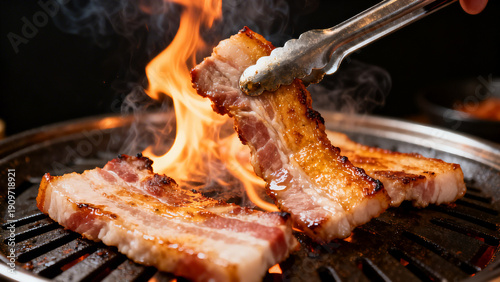 Korean Samgyeopsal Pork Belly Grilling on BBQ – Authentic Korean Cuisine