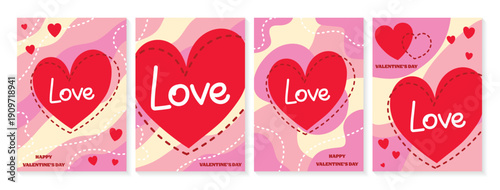 Colourful Valentine’s Day card with cartoon heart. Collection of abstract style invitations. Vector illustration