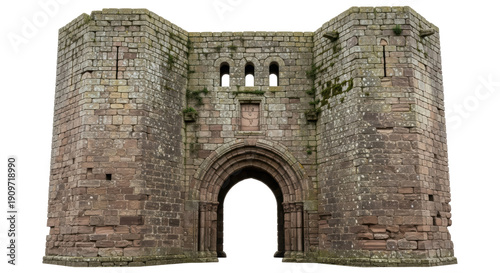 Medieval stone gatehouse isolated PNG on transparent background, ancient castle entrance with archway and weathered stonework, historical architecture